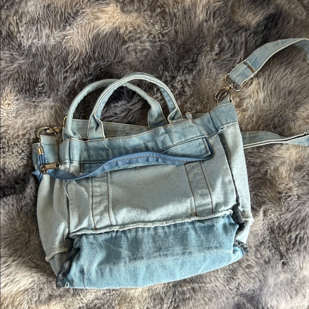 Light Blue Denim Crossbody Bag with handles and Removable Strap - Picture 12 of 13